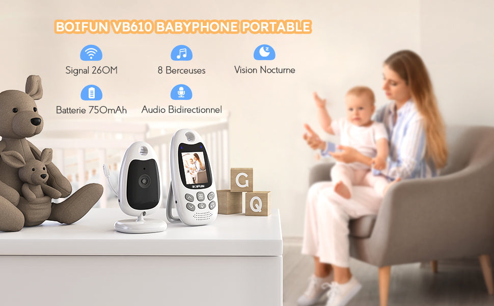 BOIFUN 480P Baby Monitor Camera, Video Baby Phone, Night Vision, VOX, Two-Way Communication, Temperature Sensor, Rechargeable
