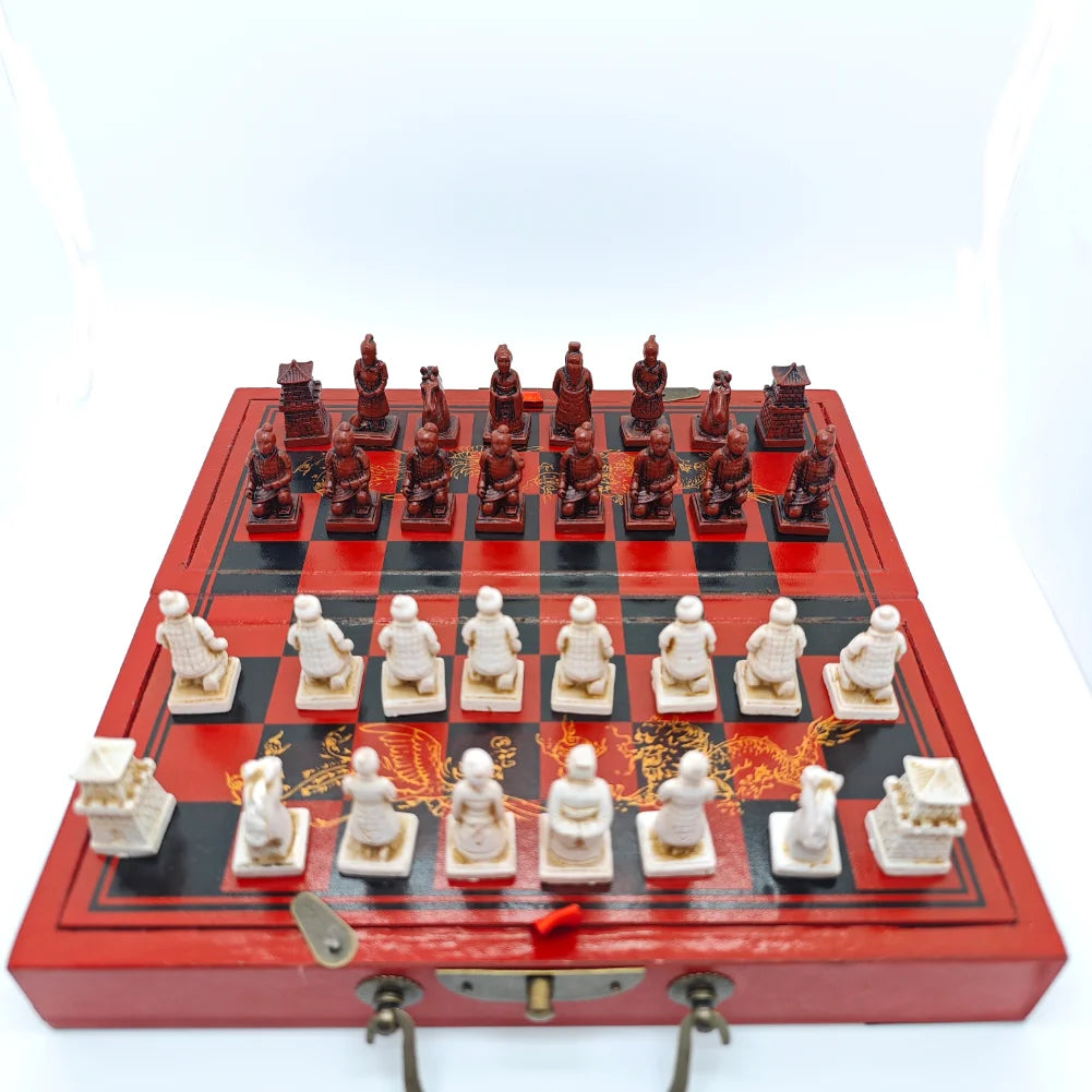 Chess Set With Wooden Table 22X22cm Terracotta Army Chess Classic Chinese Style 3D Gift For Birthday&Christmas For Collect&Decor