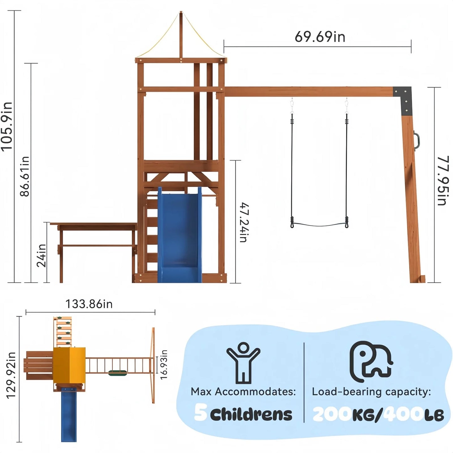 Wooden Backyard Swing Set With Wave Slide And Climbing Wall