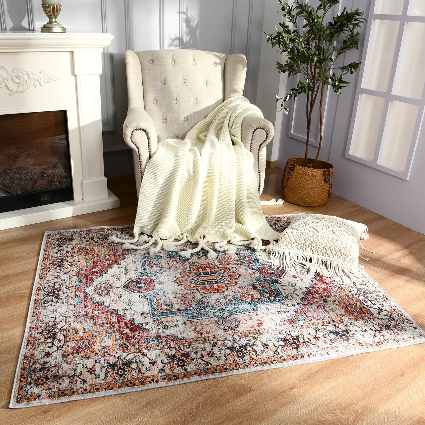 Boho Vintage Washable Non-Slip Soft Accent Bedroom Rug