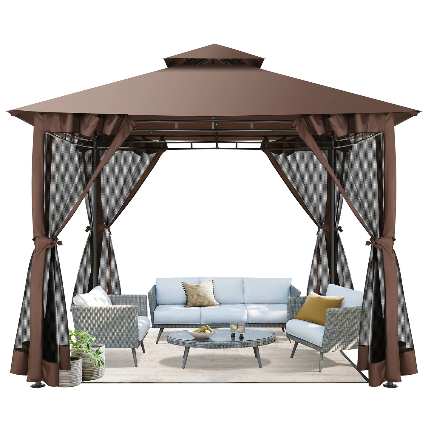 10' x 10' Steel Frame Patio Gazebo with Double Roof & Mesh Netting