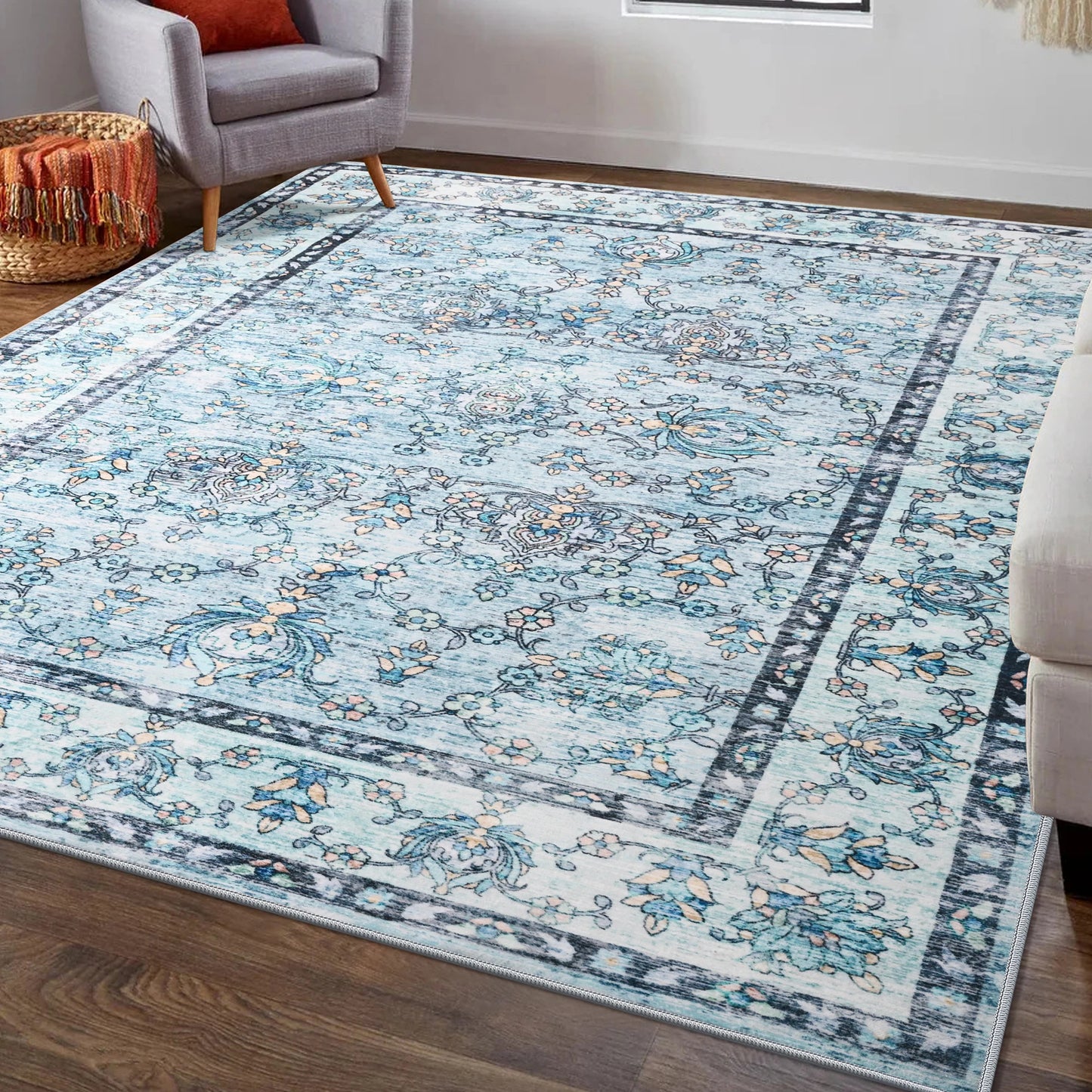Machine Washable Vintage Non Slip Low Pile Area Rug