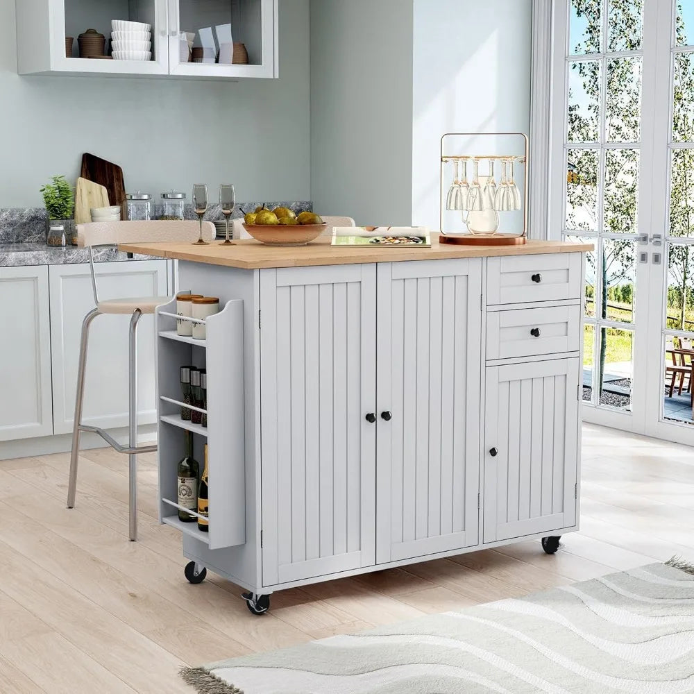 Rolling Kitchen Island with Storage and Drop-Leaf Countertop