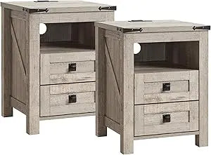 Rustic Farmhouse Nightstand Set with Charging Station and Storage