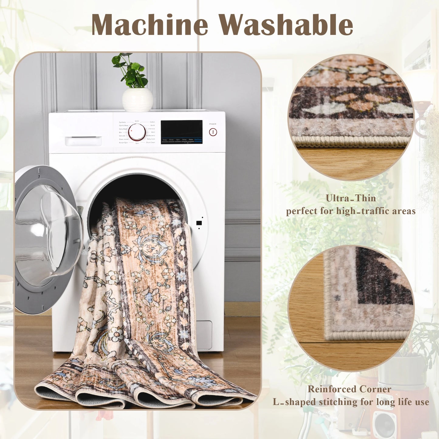 Machine Washable Vintage Non Slip Low Pile Area Rug
