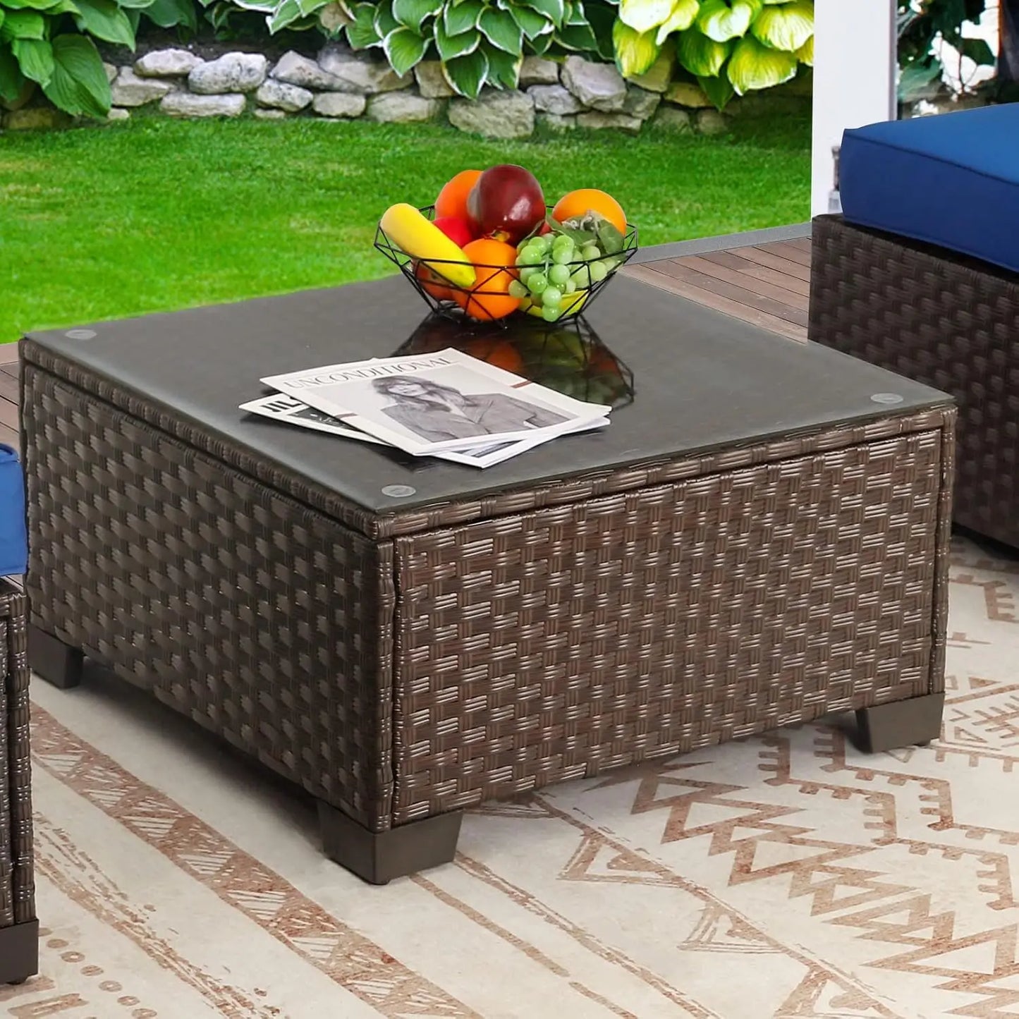 Patio Wicker Coffee Table With Tempered Glass Top