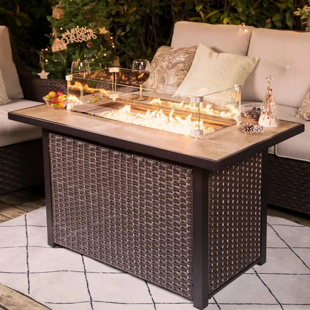 Propane Gas Fire Pit Table With Ceramic Top Rattan Frame