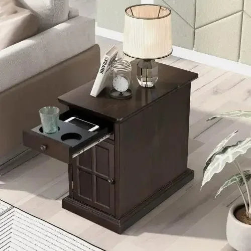 Vintage Wooden End Table With USB Ports And Cup Holders