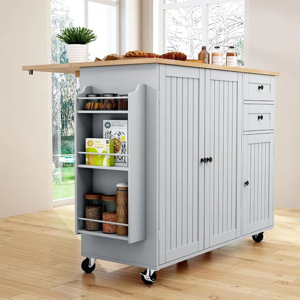 Rolling Kitchen Island with Storage and Drop-Leaf Countertop