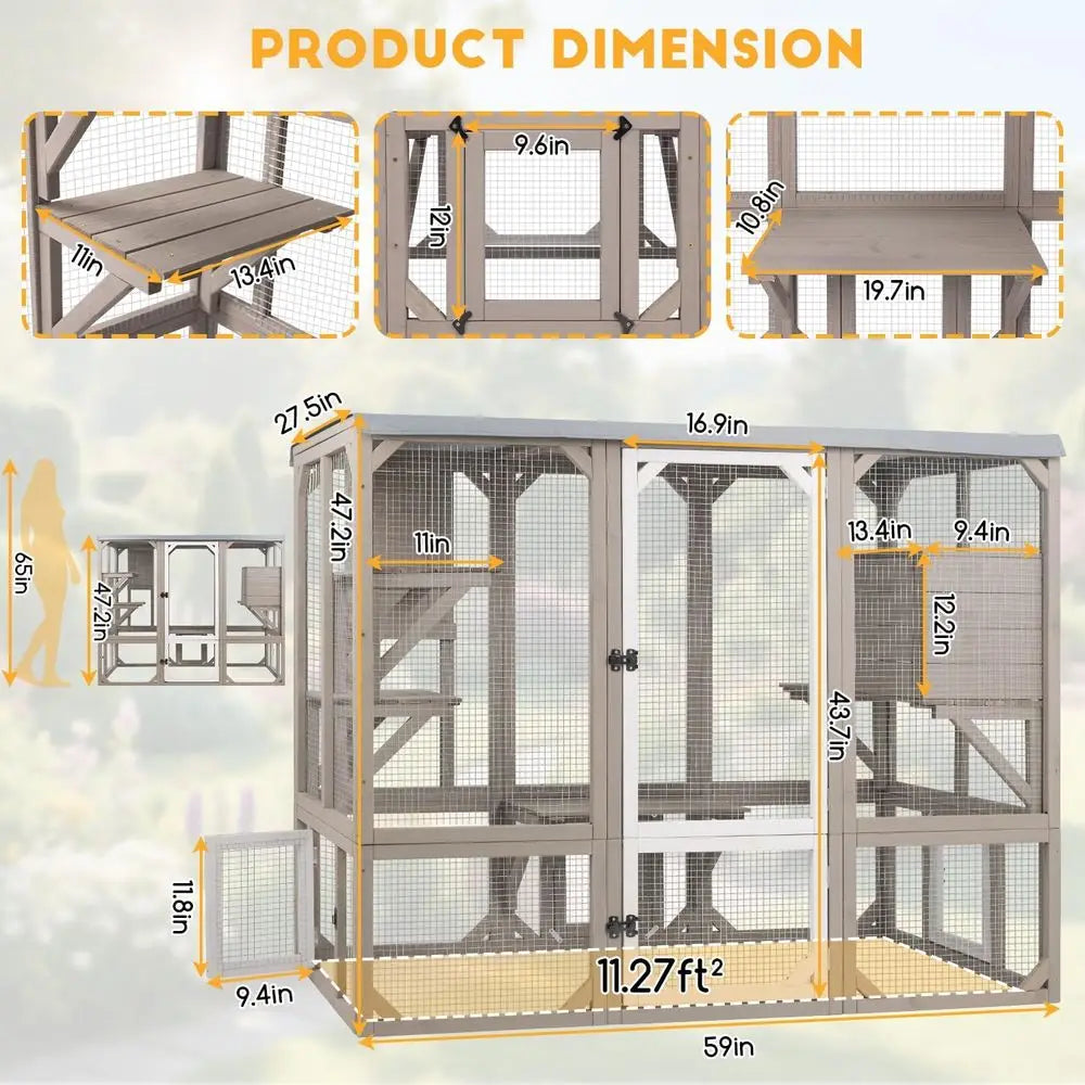 Wooden Outdoor Cat Catio with Platforms & Resting Box