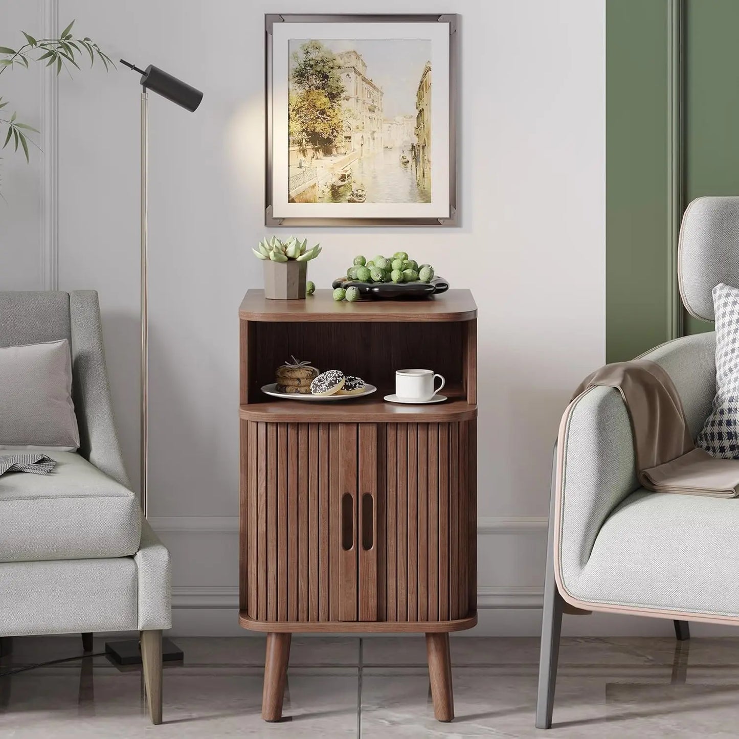 Mid Century Modern Fluted Nightstand with Sliding Tambour Doors