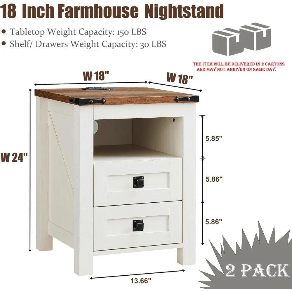 Rustic Farmhouse Nightstand Set with Charging Station and Storage