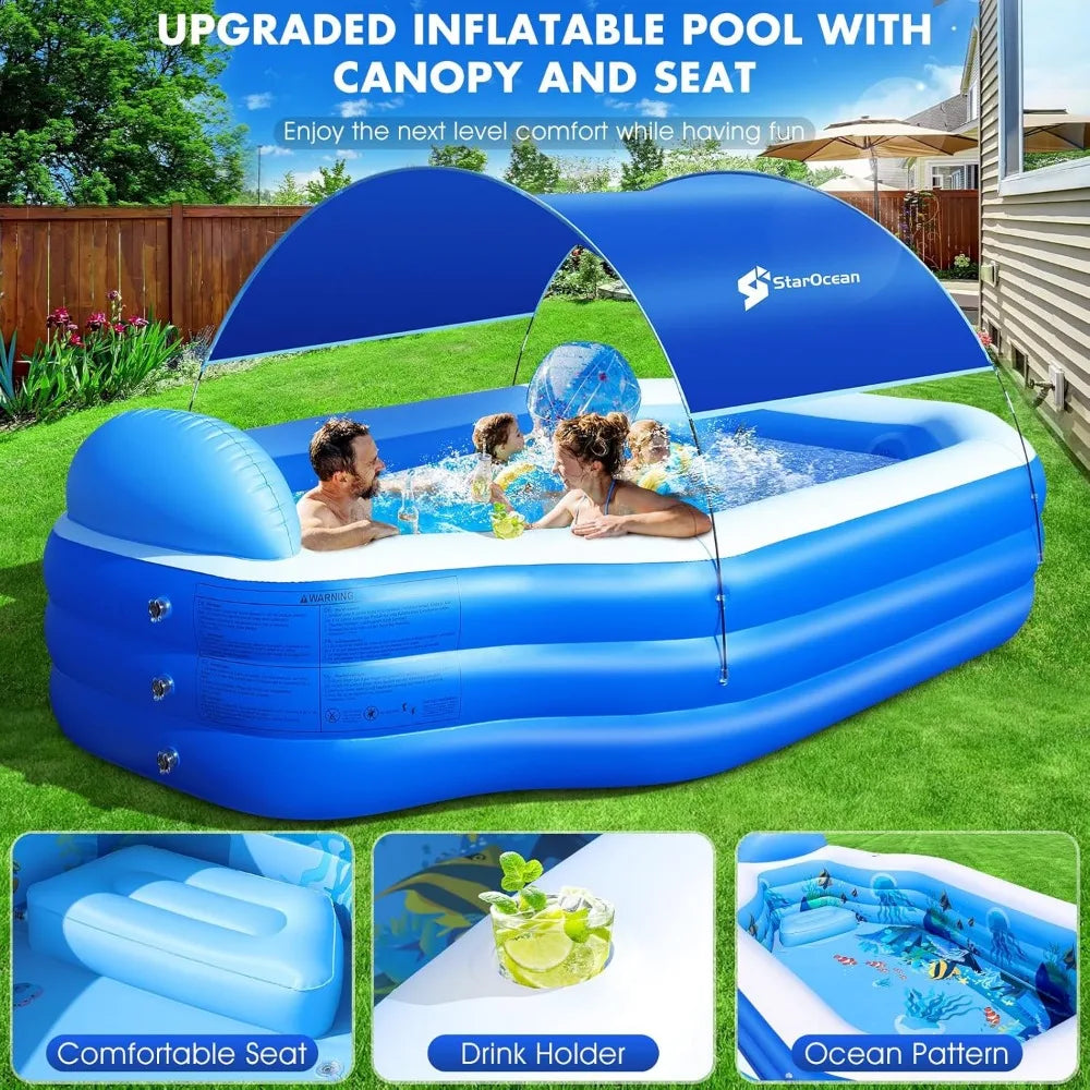Canopy Inflatable Family Pool With Seats For Backyard Fun