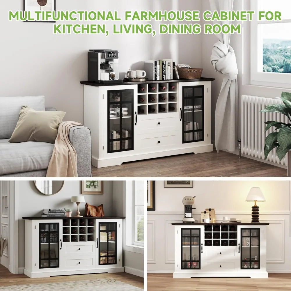 Farmhouse Buffet Sideboard With Glass Doors And Removable Wine Rack