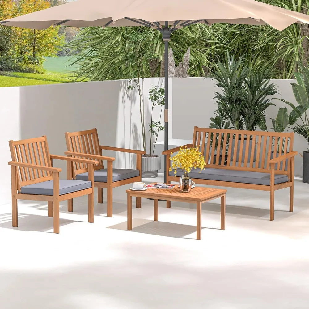 Acacia Wood Patio Sofa Set With Coffee Table And Cushions