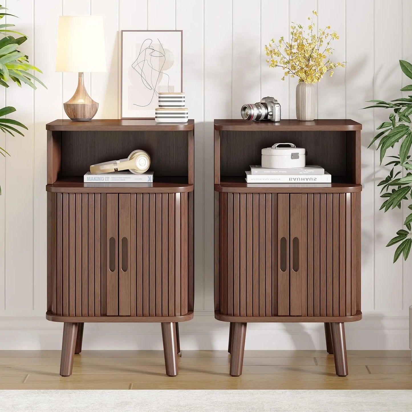 Mid Century Modern Fluted Nightstand with Sliding Tambour Doors