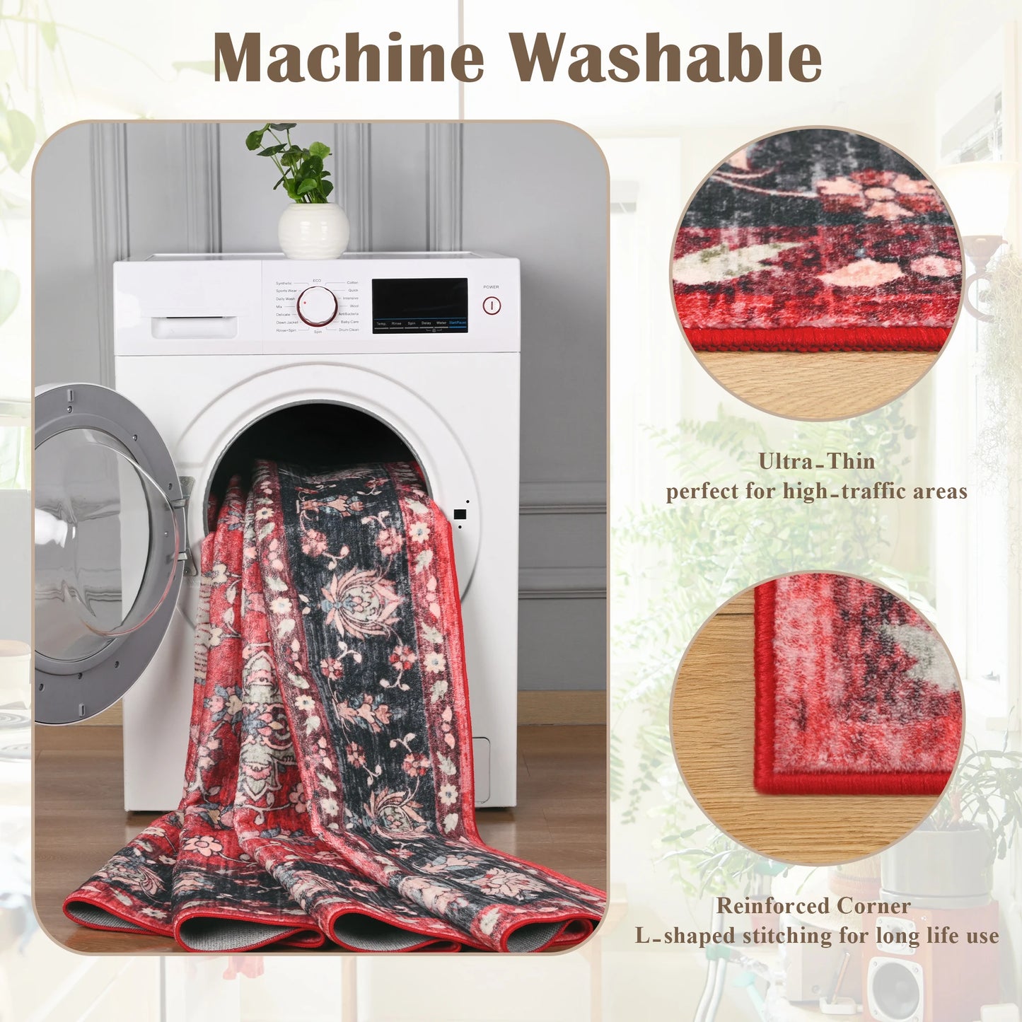 Machine Washable Vintage Non Slip Low Pile Area Rug