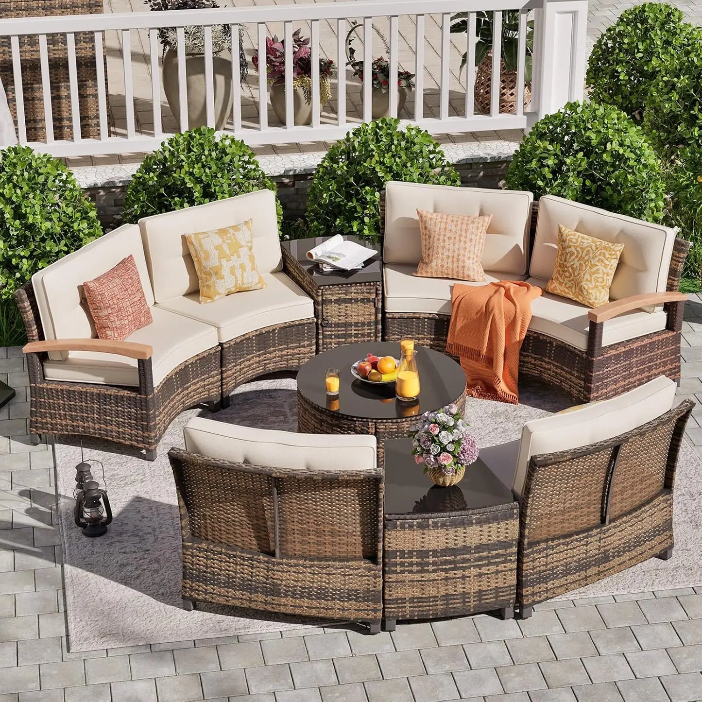 Stylish Half Moon Rattan Patio Conversation Furniture Set