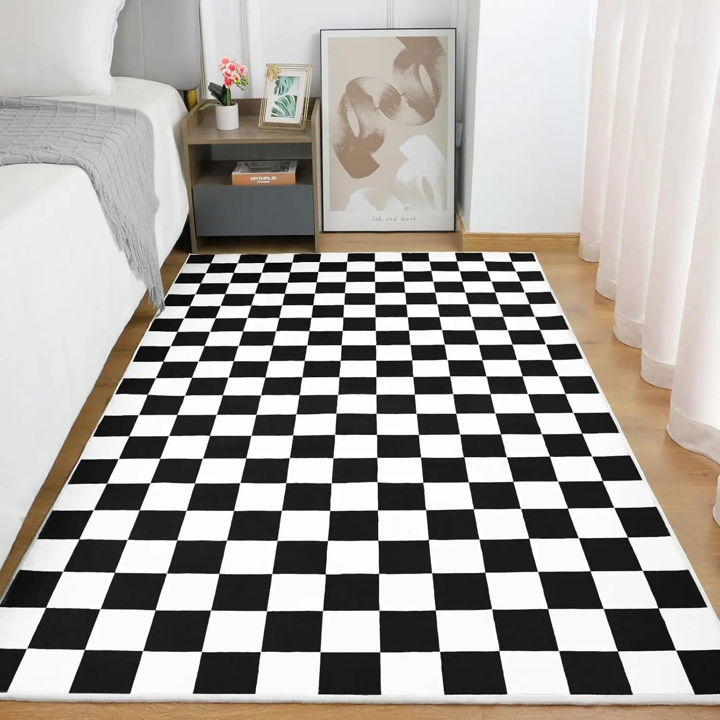 Checkered Area Rug Washable Non Slip Low Pile Stain Resistant