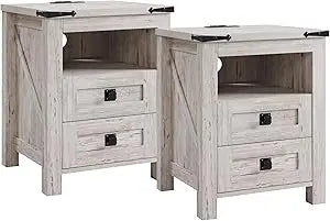 Rustic Farmhouse Nightstand Set with Charging Station and Storage