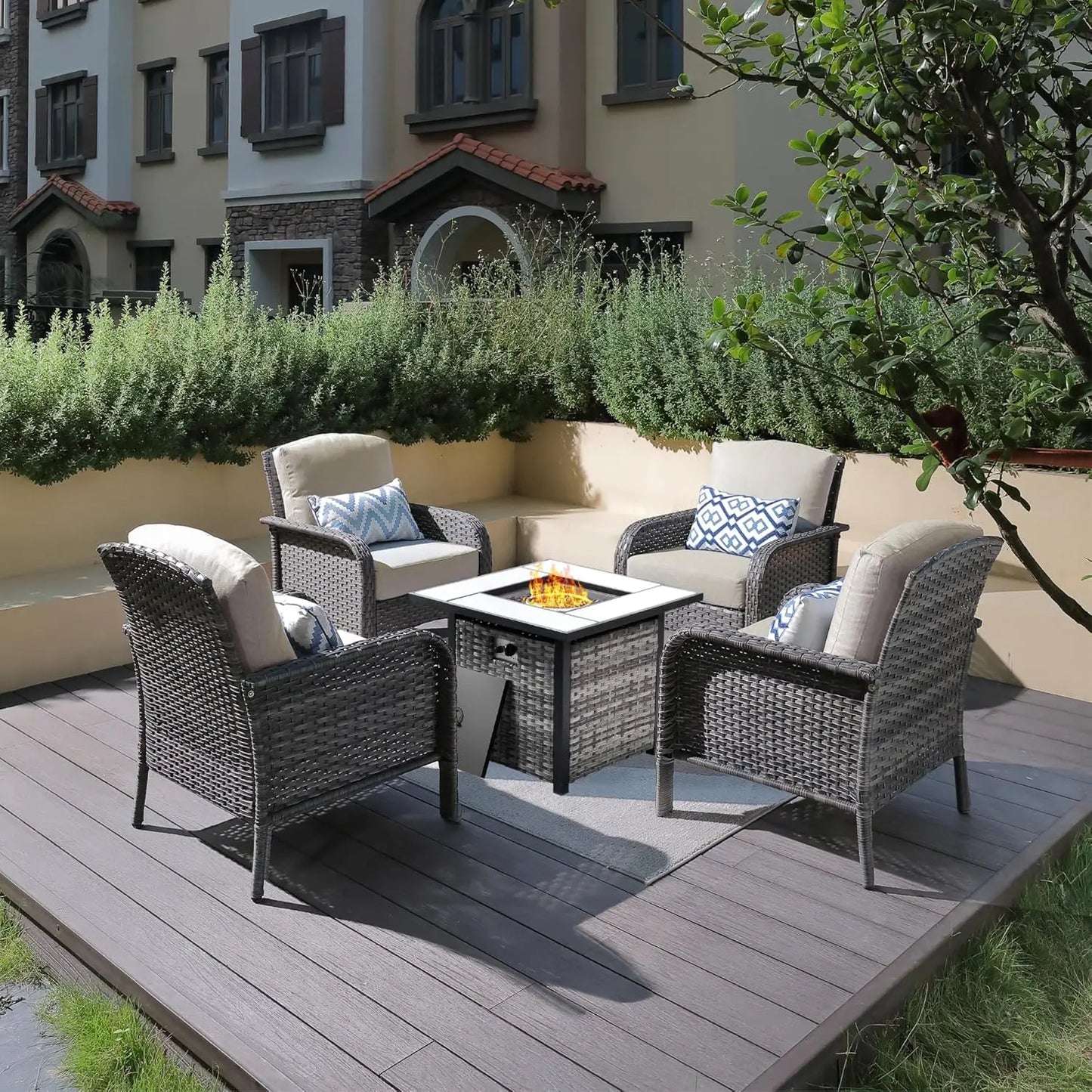Outdoor Wicker Patio Set Fire Pit High Back Chairs