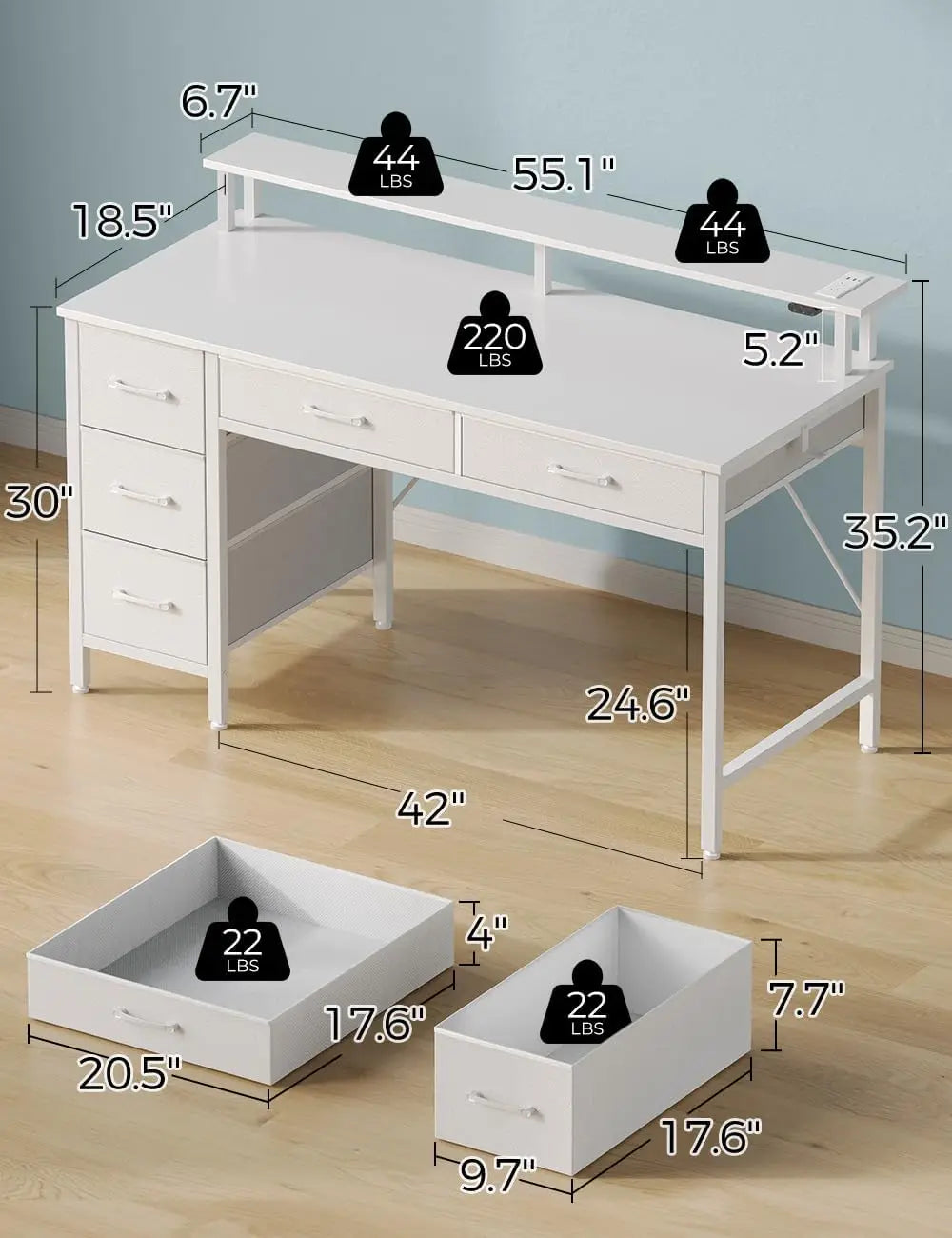 LED Computer Desk With Power Outlets Monitor Stand And Drawers