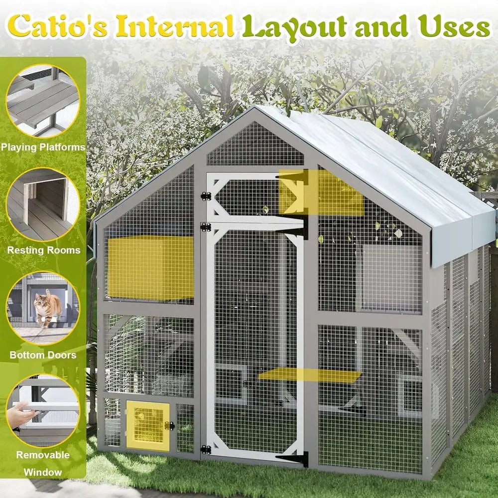Outdoor Catio Enclosure For Multiple Cats With Weatherproof Roof