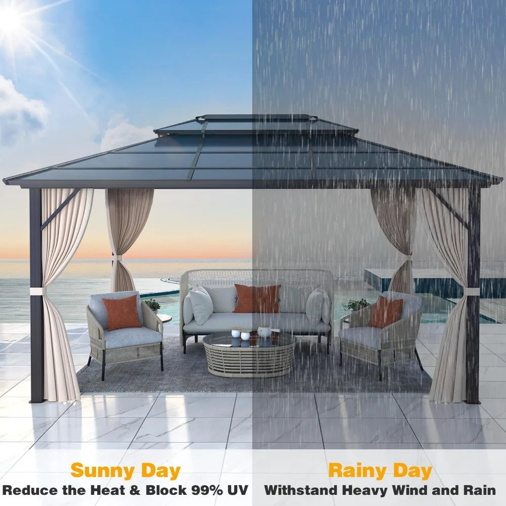 Hard Top Polycarbonate Gazebo With Double Roof And Curtains