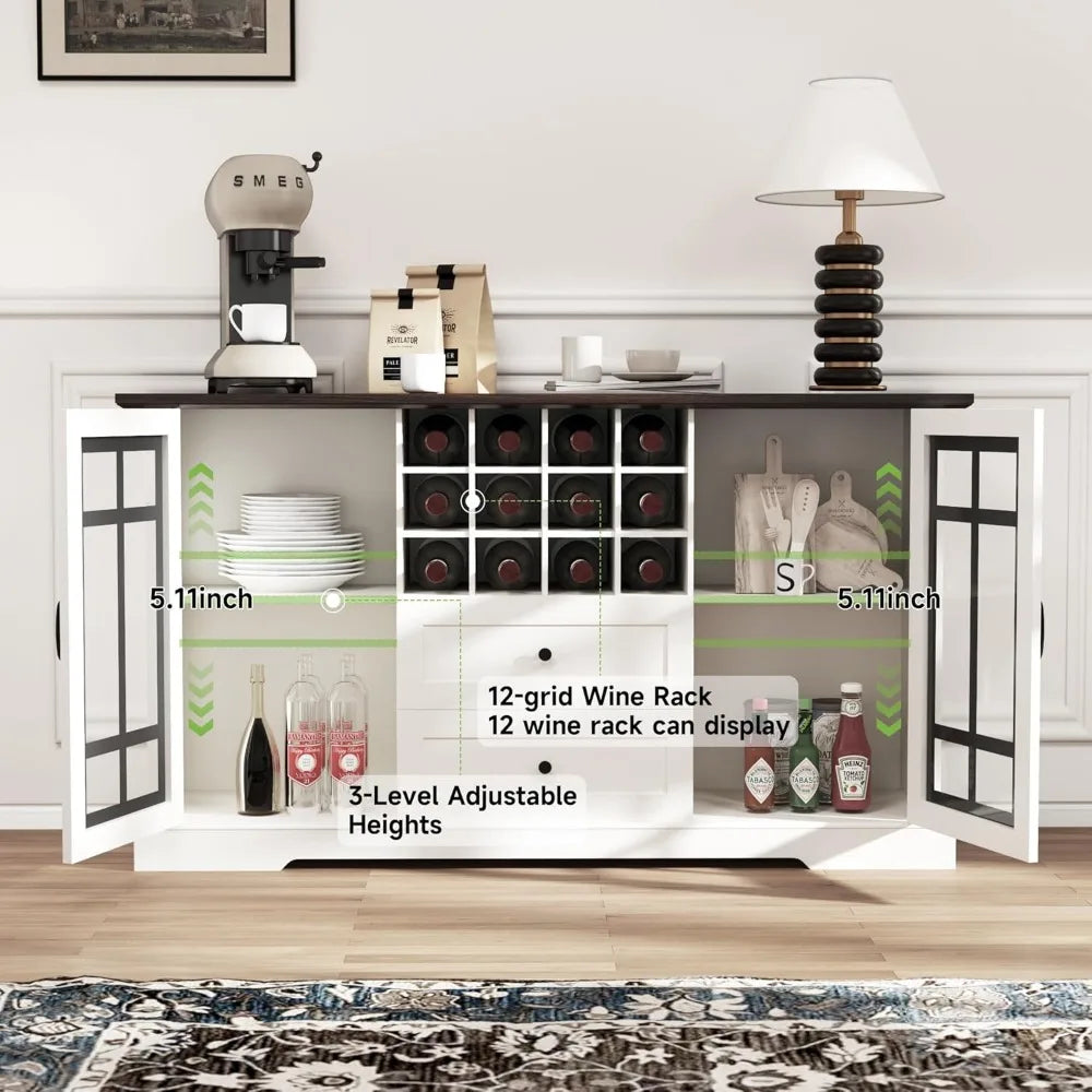 Farmhouse Buffet Sideboard With Glass Doors And Removable Wine Rack
