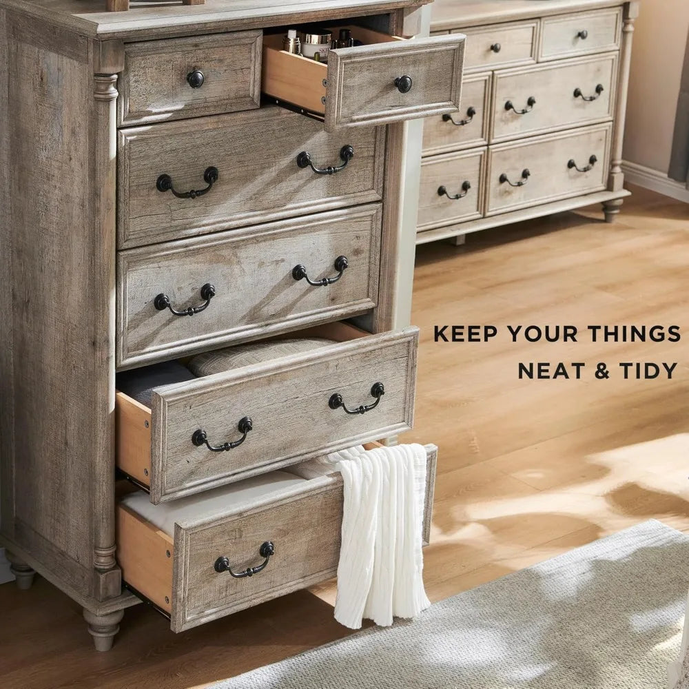 Farmhouse Six Drawer Rustic Bedroom Dresser Chest