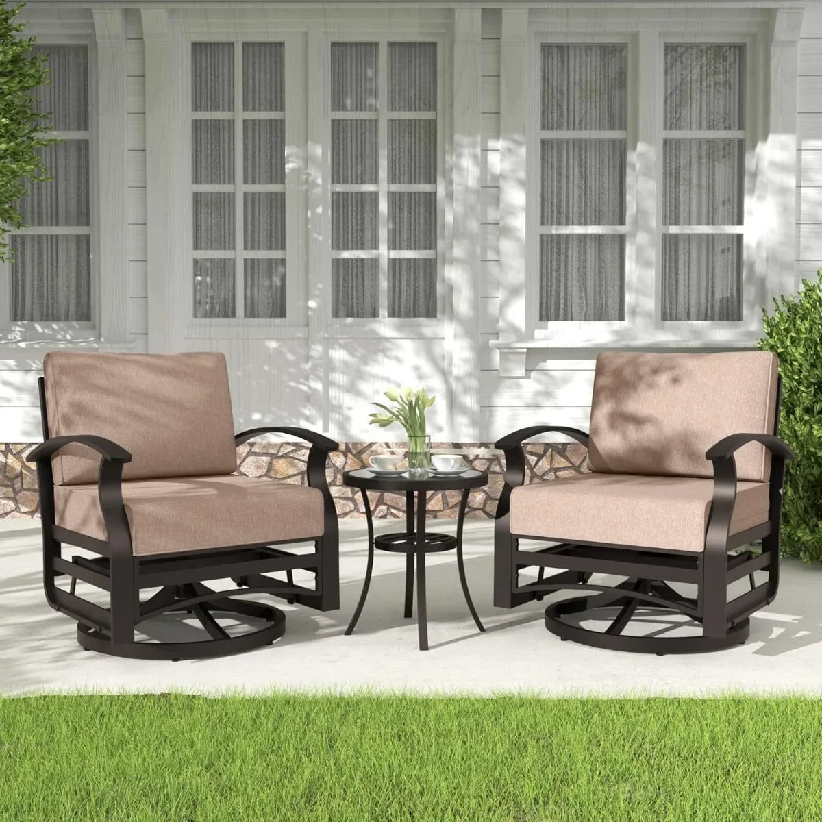 Swivel Rocker Patio Set 3 Piece Aluminum Chairs Glass Table