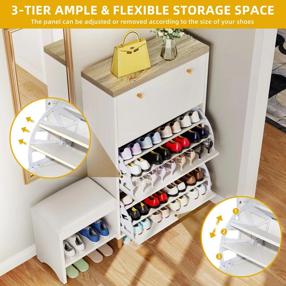 Modern Flip Drawer Shoe Cabinet With Bench And Adjustable Storage