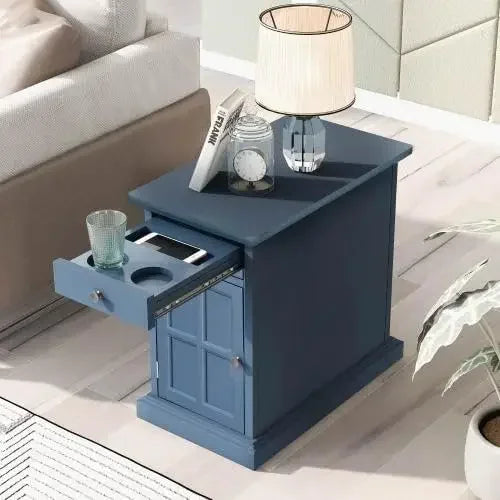 Vintage Wooden End Table With USB Ports And Cup Holders