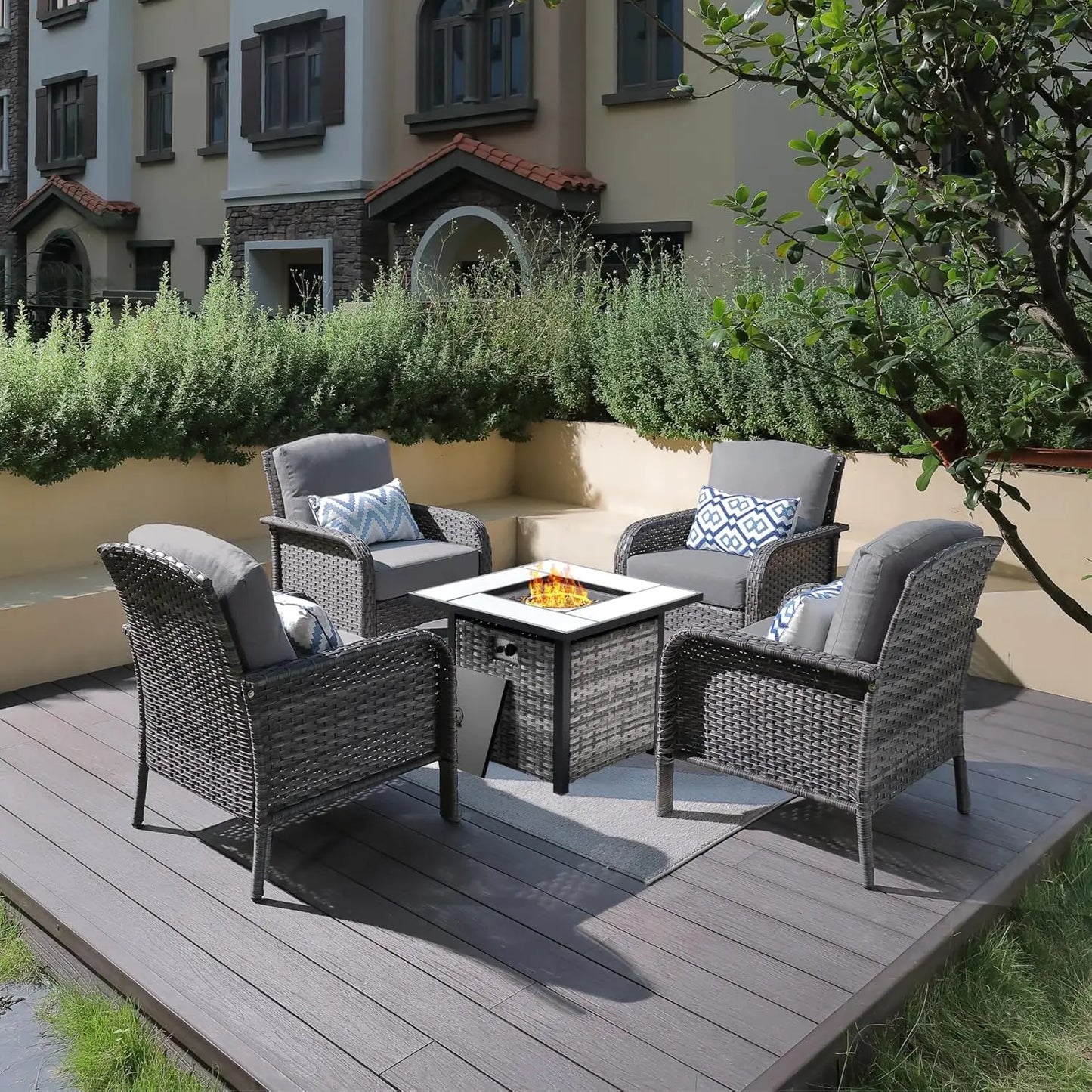 Outdoor Wicker Patio Set Fire Pit High Back Chairs