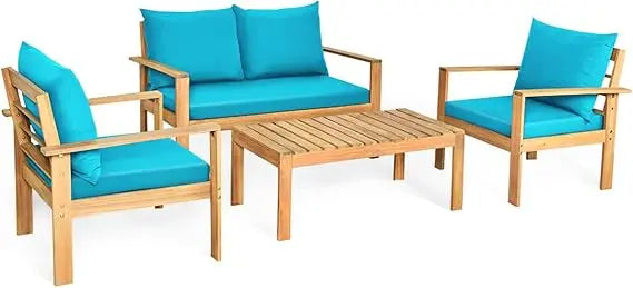 Outdoor Acacia Wood 4 Piece Deluxe Chat Set With Cushions