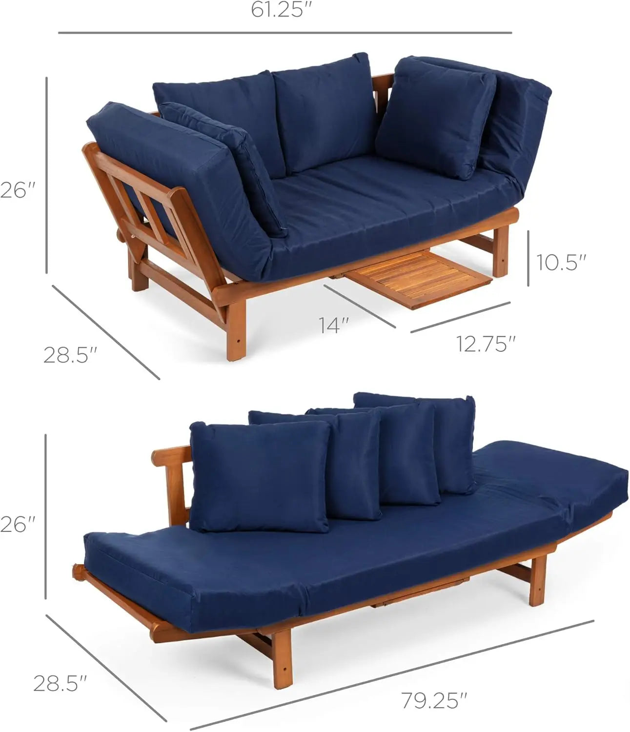 Convertible Acacia Wood Outdoor Futon Sofa With Pullout Tray