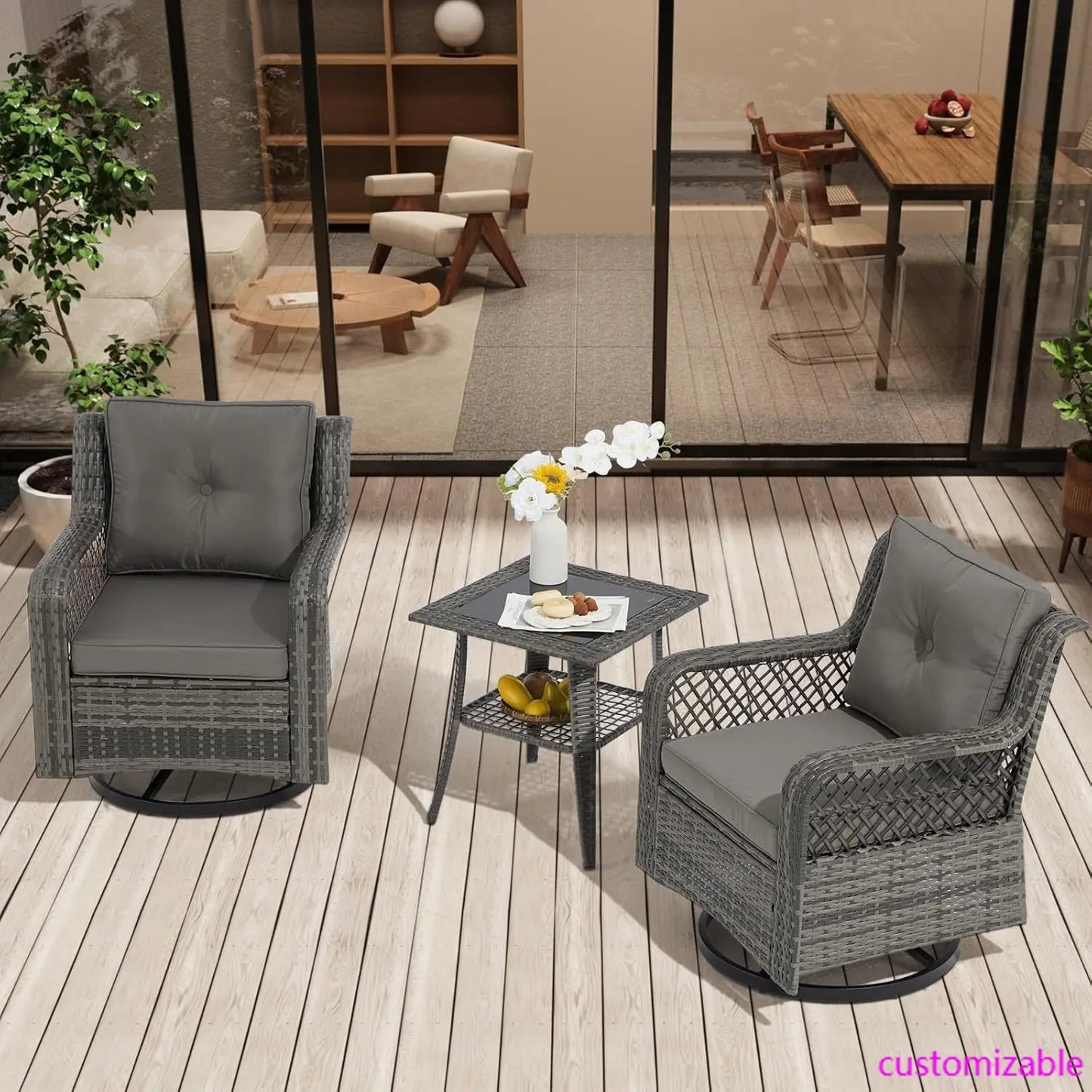 Patio Set Outdoor Swivel Chairs Side Table Wicker Bistro