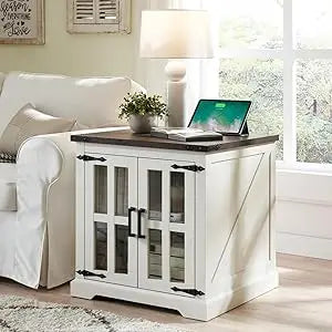 Rustic Farmhouse End Table with Charging Station and Glass Door