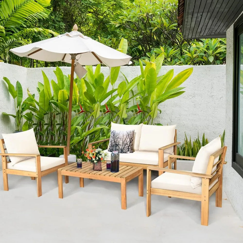 Outdoor Acacia Wood 4 Piece Deluxe Chat Set With Cushions