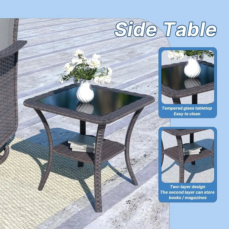 Outdoor Patio Set Swivel Gliders Wicker Glass Table