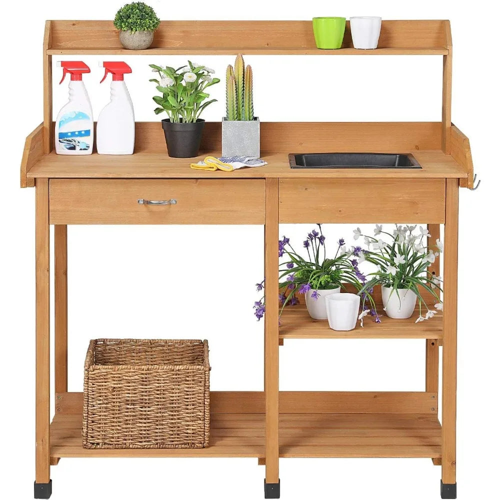 Outdoor Garden Potting Bench With Sink And Open Shelves