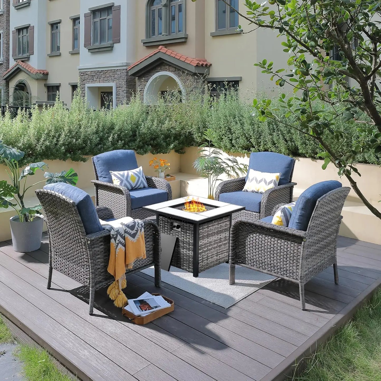 Outdoor Wicker Patio Set Fire Pit High Back Chairs