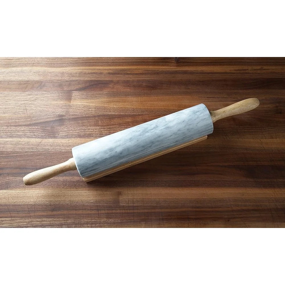 Elegant Marble Rolling Pin With Wooden Cradle Nonstick