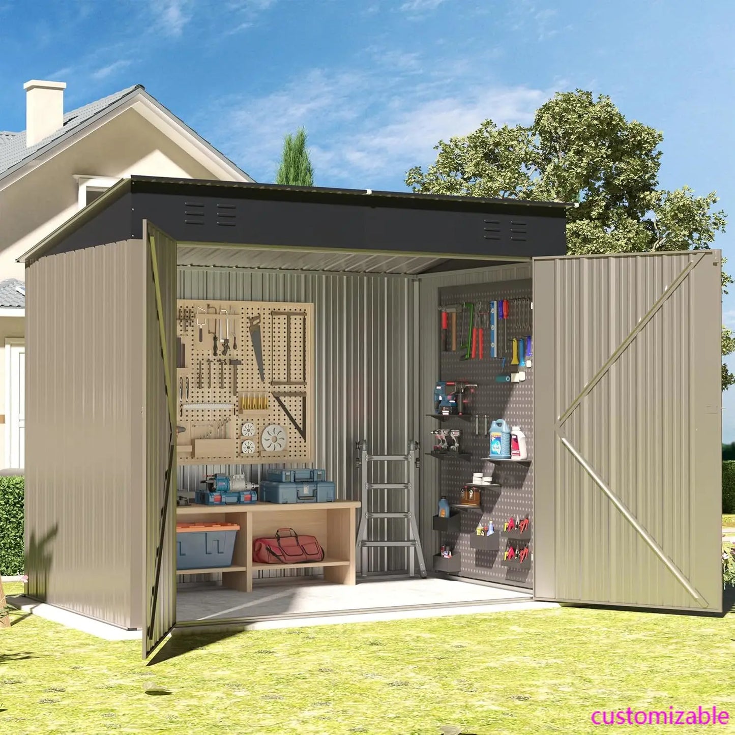Metal Shed With Sloping Roof Lockable Doors Waterproof