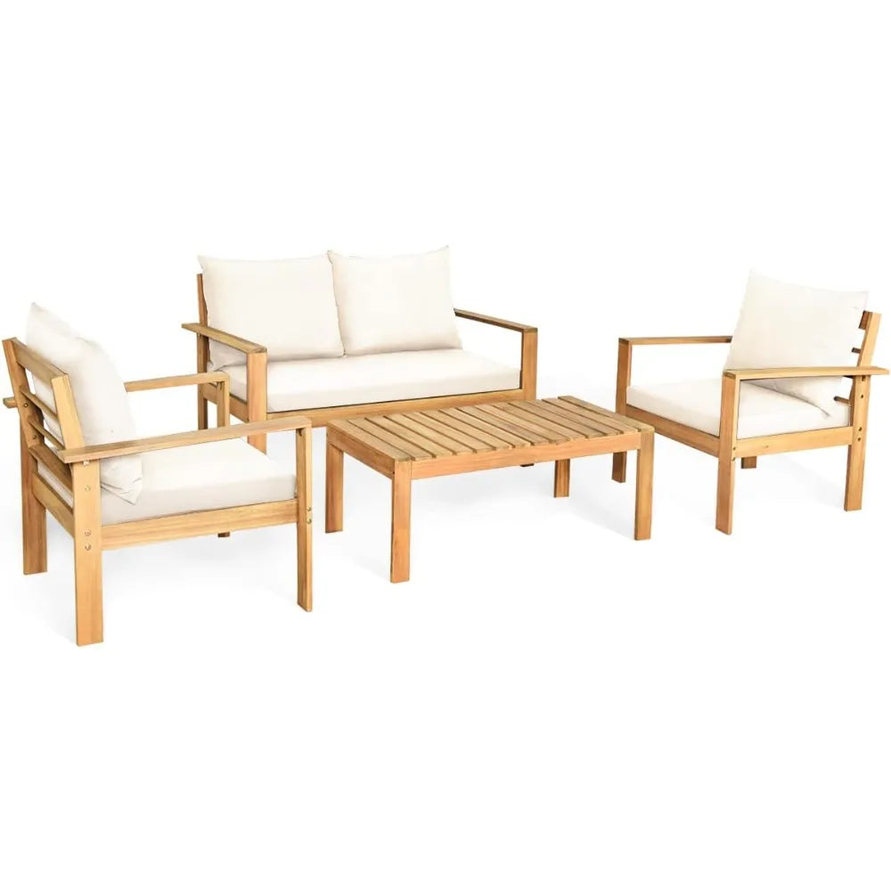 Outdoor Acacia Wood 4 Piece Deluxe Chat Set With Cushions