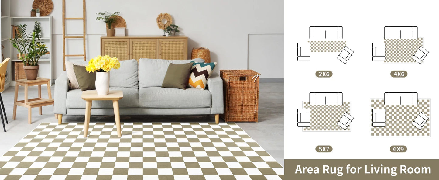 Checkered Area Rug Washable Non Slip Low Pile Stain Resistant