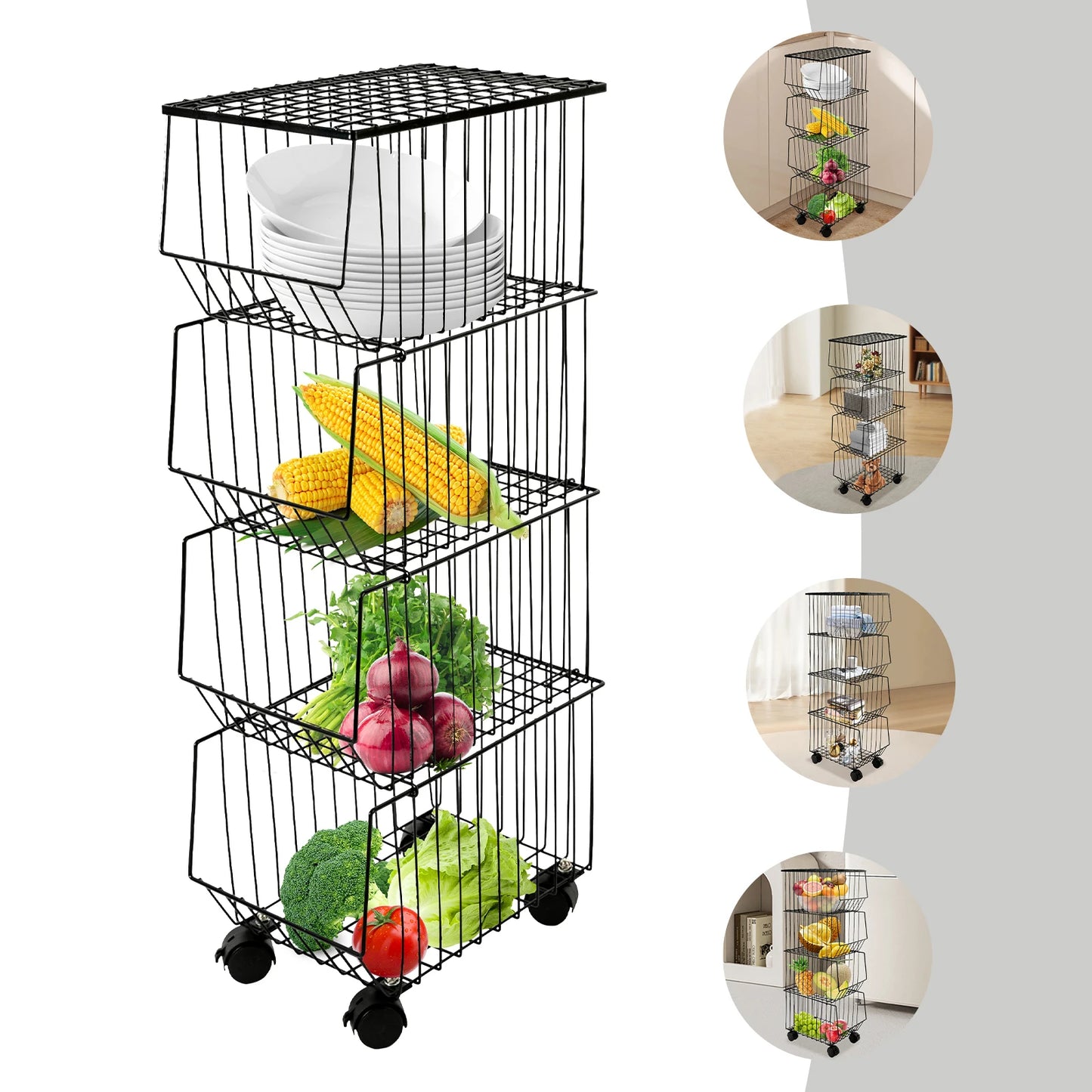 4-Tier Fruit Basket Stand with Wheels for Easy Storage