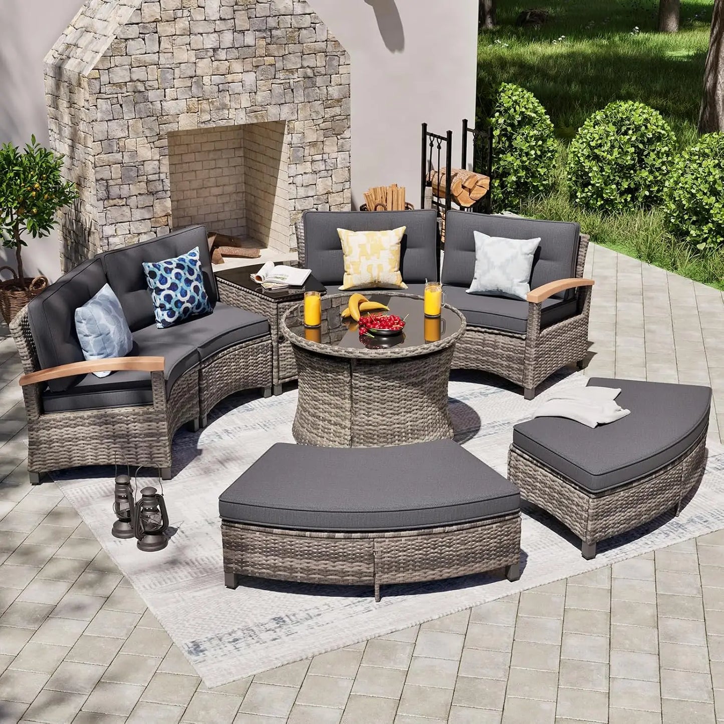 Stylish Half Moon Rattan Patio Conversation Furniture Set