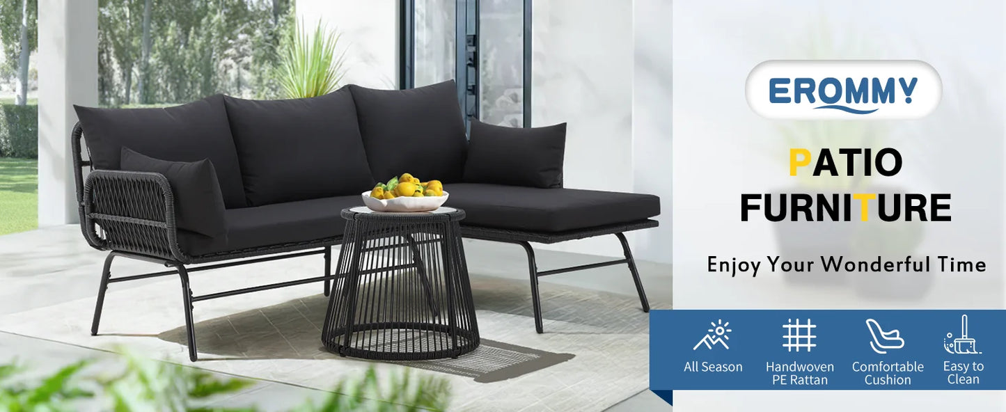 L Shaped Patio Sectional Sofa Set With Glass Coffee Table