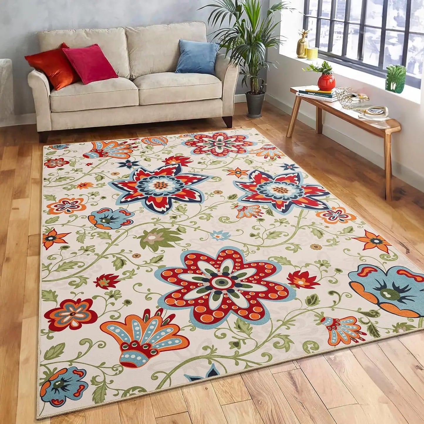 Noahas Floral Washable Non Slip Soft Stain Resistant Area Rug